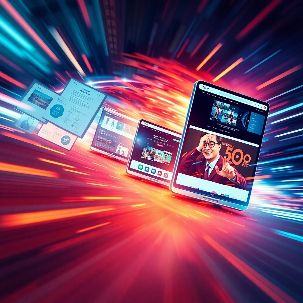 Een fotorealistische afbeelding die een snelle, dynamische montage toont de fasen van het maken van een website laat zien: van de eerste ontwerptekeningen tot een voltooide website die live gaat. Elke fase moet visueel aantrekkelijk en van hoge kwaliteit zijn, en het snelle en overtuigende proces laten zien. Gebruik levendige kleuren en een gevoel van snelheid en efficiëntie.