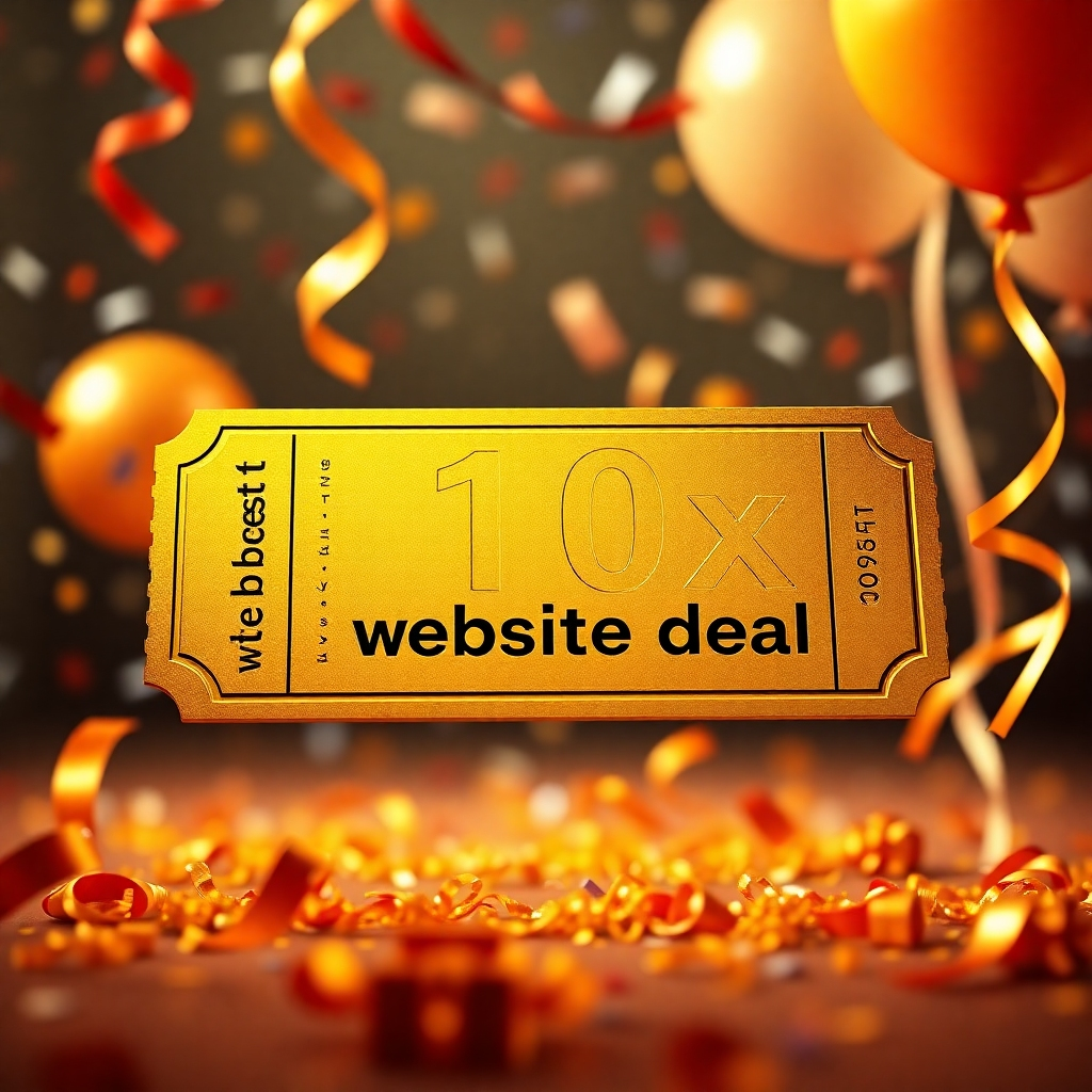 Een fotorealistische afbeelding van een gouden ticket of een VIP-pas met de tekst '10x low budget website deal'. De achtergrond moet een feestelijke setting bevatten, zoals confetti en ballonnen, die de aanbieding voor beperkte tijd bevatten. De enorme hoeveelheid moet opwindend en urgent zijn, en snelle actie aanmoedigen.