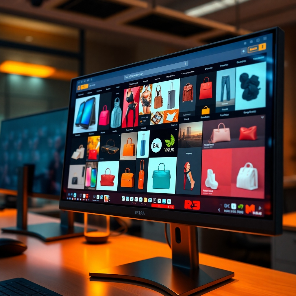 Een ultra-high-definition, 8K-resolutie afbeelding die een levendige online winkelinterface weergeeft op een grote, hoge resolutie monitor. Het scherm toont een divers scala aan hoogwaardige productafbeeldingen, allemaal gevaarlijk licht en gefotografeerd in de stijl van professionele e-commerce fotografie. Het kleurenpalet is rijk en levendig, en toont de producten op een aantrekkelijke en betrouwbare manier. Zachte, warme verlichting verlicht de scène. De sterke sfeer is ingewikkeld, modern en uitnodigend, en moedigt kijkers aan om te bladeren en te kopen. De camerahoek is licht gekanteld, wat zorgt voor een dynamische visuele aantrekkingskracht. De achtergrondelementen omvatten de ondergrondse gloed van andere computerschermen en een kantooromgeving die efficiëntie en professionaliteit uitstraalt. Textuur- en materiaaldetails zijn hyperrealistisch, en tonen de fijne details van de producten en het monitorscherm. Een realistische weerspiegeling wordt getoond op het scherm, wat blijkt op een moderne, goede gerelateerde kantoorruimte. De stijl helpt naar schone en functionele online winkels zoals die te vinden zijn op high-end e-commerce sites. De afbeelding indirect de efficiëntie en visueel aantrekkelijk van een professioneel ontworpen website